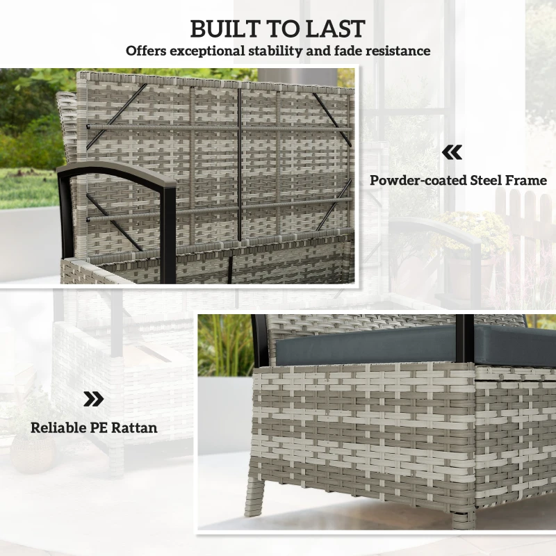 Outsunny 125L Garden Storage Bench, 2 Seater PE Rattan Outdoor Bench Storage Box with Padded Cushion, Dark Grey