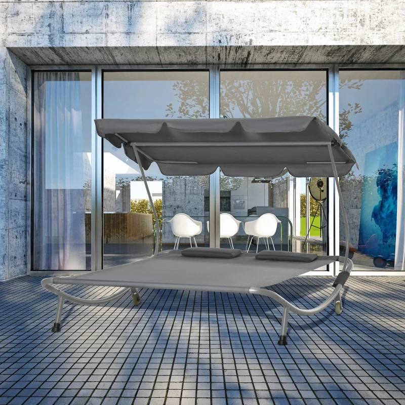 Outsunny Tumbona Doble con Toldo Ajustable Tumbona de Jardín para 2 Personas con Cojines y 2 Ruedas 200x175x134 cm Gris