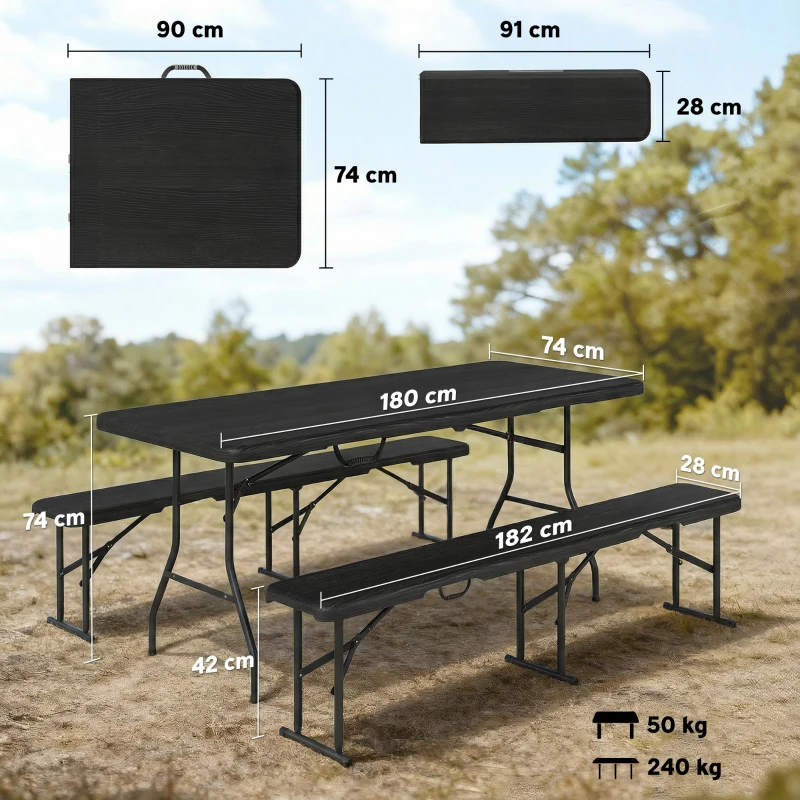 Outsunny Ensemble table pliante et bancs de pique-nique 180 cm avec poignées de transport, noir
