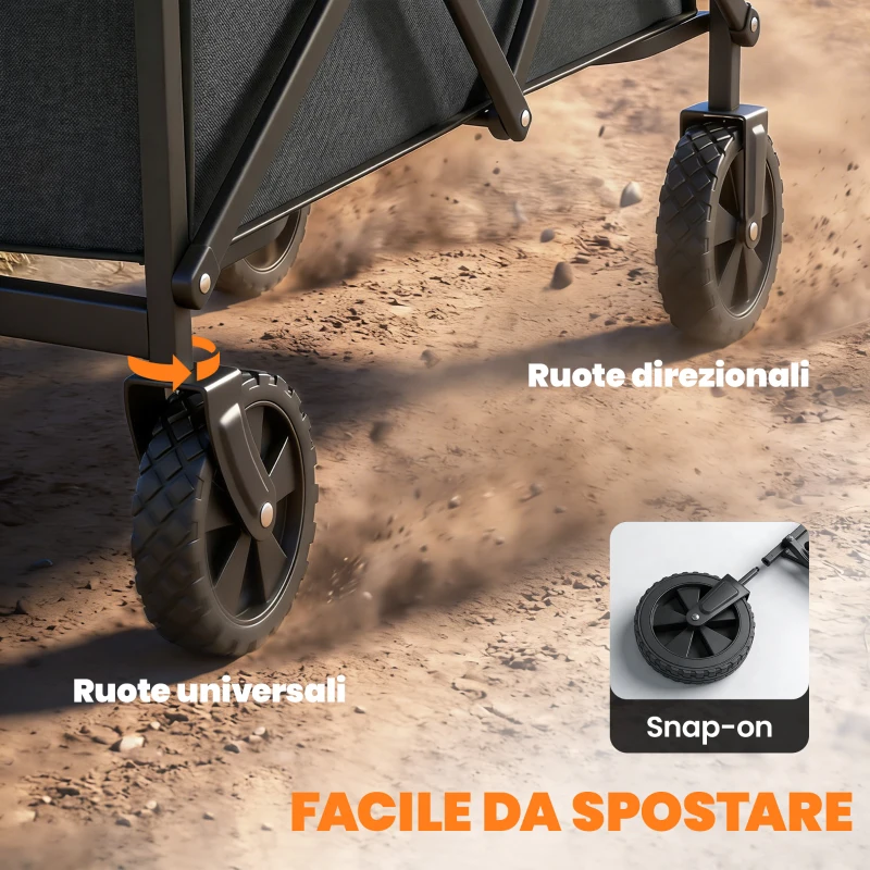 Outsunny Carrello da Giardino Pieghevole 66L con Manico Regolabile e Portabicchieri, Nero