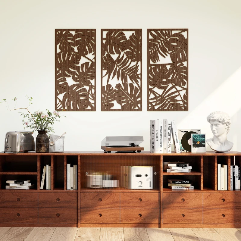 HOMCOM Decoración de Pared de Madera 3D 3 Piezas 40x80 cm Adornos de Pared con Patrón de Hojas Tropicales Nogal