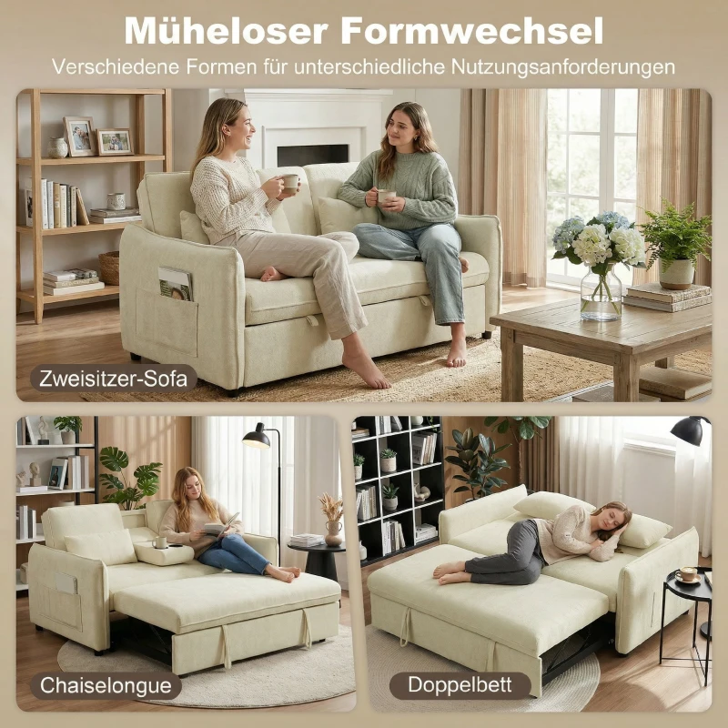 HOMCOM 3-in-1 Verstellbares Schlafsofa, Zweisitzer mit Getränkehaltern, verstellbarer Rückenlehne und Seitentaschen, Beige