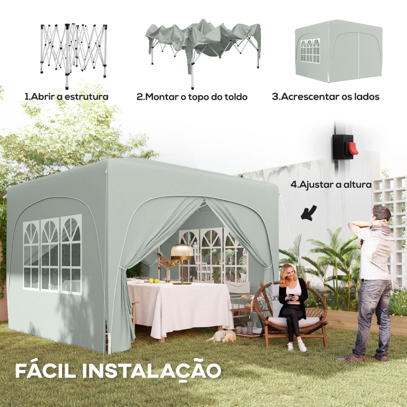 Outsunny Tenda Dobrável 3x3 m com Painéis Laterais UPF50+ Tenda de Jardim com Altura Ajustável e Bolsa de Transporte Cinza Claro