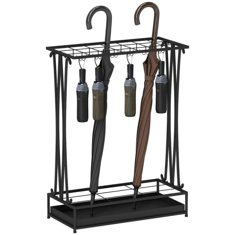 Suport de Umbrele HOMCOM cu Tavă pentru Apa, 21 de Orificii și 24 de Cârlige pentru Umbrelă, din Oțel, 50x24x68 cm, Negru