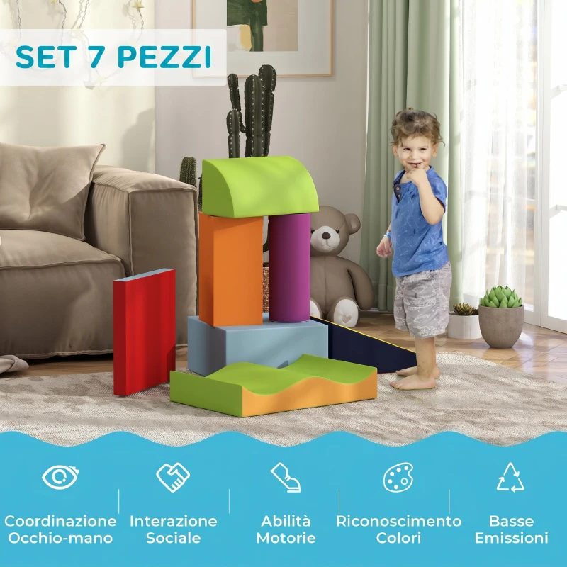 HOMCOM Set di 7 Costruzioni Morbide per Bambini da 1-3 Anni in Schiuma e Pelle PU, per Casa e Asilo, Multicolore