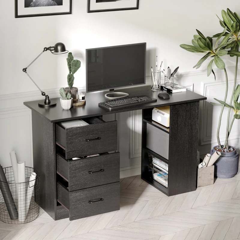 HOMCOM Scrivania Moderna in Legno con 3 Cassetti e 3 Ripiani per Camera e Ufficio, 120x49x72cm, Nero