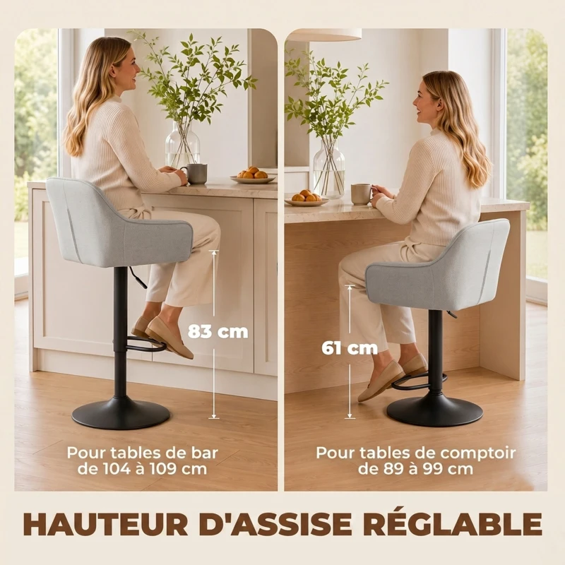 HOMCOM Tabourets de Bar Lot de 2, Chaises de Bar en Chenille, Hauteur Réglable, Pivotant 360°, Dossier et Repose-Pieds, Gris