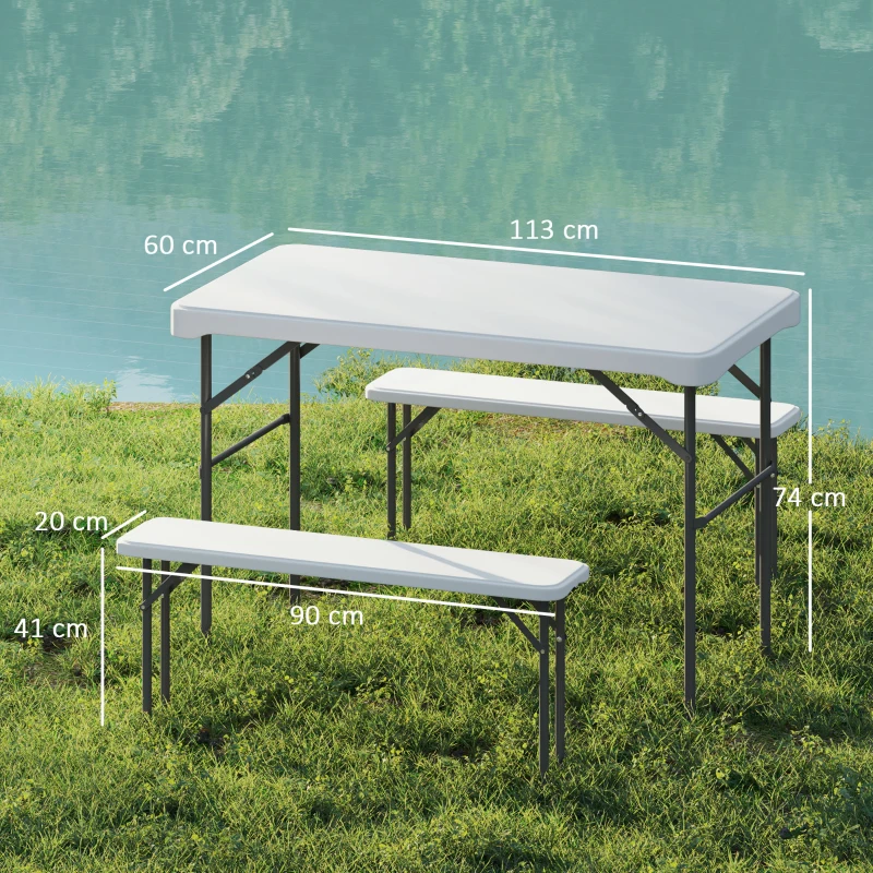 Outsunny Ensemble table pliante et bancs de pique-nique 113 cm avec poignées de transport, table et banc pliable gris clair blanc