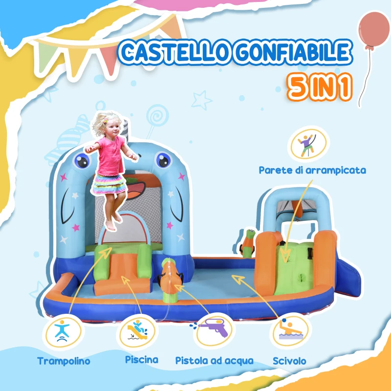 Outsunny Gioco Gonfiabile per Bambini 3-8 Anni con Borsa da Trasporto, 12 Paletti e Toppe Inclusi, 420x370x230 cm