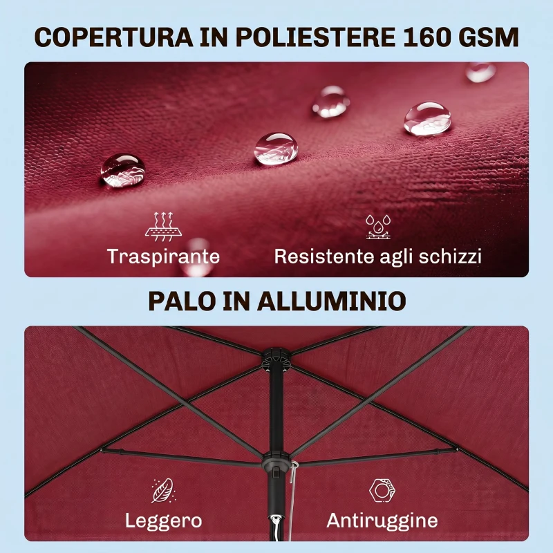 Outsunny Ombrellone da Giardino Rettangolare 2x2.4 m con Inclinazione Regolabile, Rosso e Nero