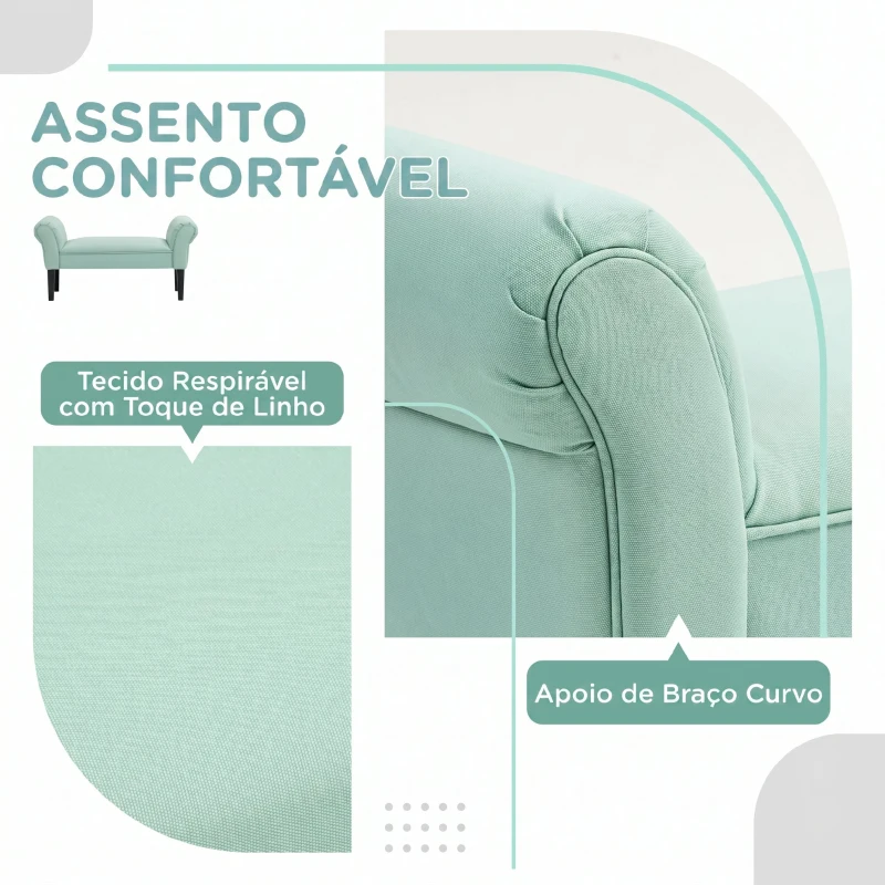 HOMCOM Banco de Pé de Cama Estofado em Linho Sintético com Pés de Madeira Braços e Assento Acolchoado, Verde Claro