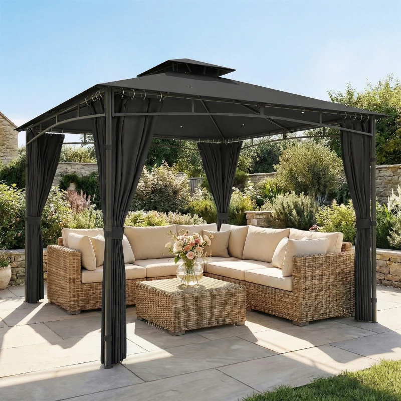 Outsunny Tonnelle de Jardin Extérieur Cadre de Toit Rétractable et Double Toit UV50+Imperméable 3x3m Gris Anthracite