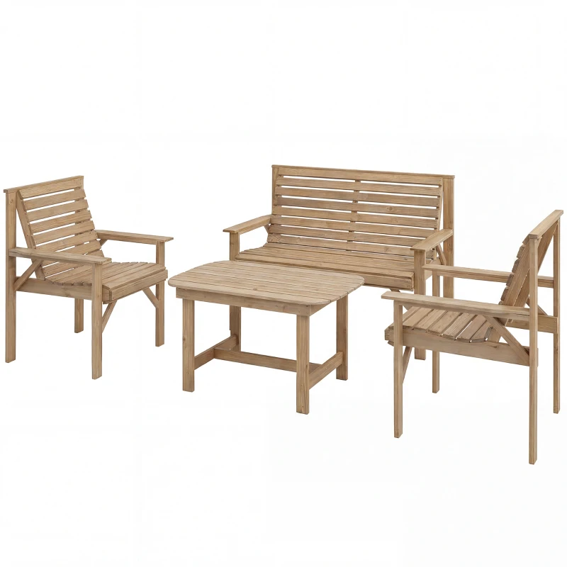 Outsunny 4 Piece Wooden Garden Furniture Set, Outdoor Garden Sofa Set with 2 Armchairs, Loveseat and Coffee Table, Natural Wood