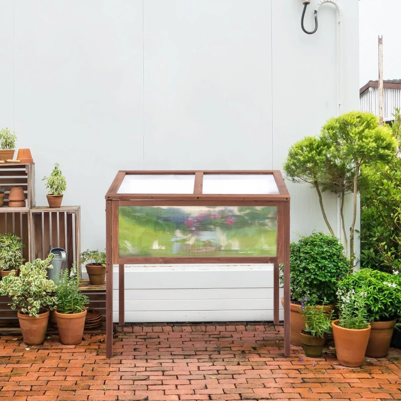 Outsunny Mini Serra da Giardino Rialzata in Legno e Policarbonato con Tetto Apribile, 90x50x93cm