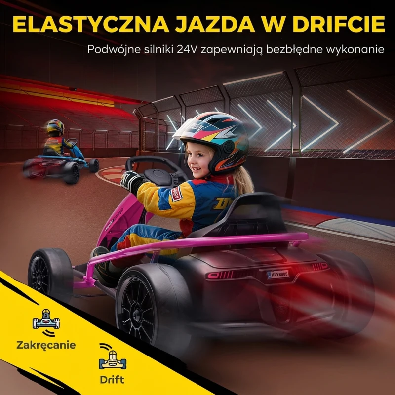 HOMCOM 24 V Elektryczny gokart dla dzieci do 13 km/h Gokart z funkcją driftu, drift-kart z 2 silnikami dla 8–12 lat Różowy