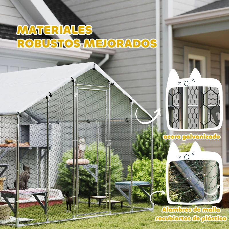 PawHut Jaula Grande para Gatos Exterior con 2 Casitas 7 Plataformas para Saltar Cubierta Impermeable y Anti-UV 240x193x195 cm