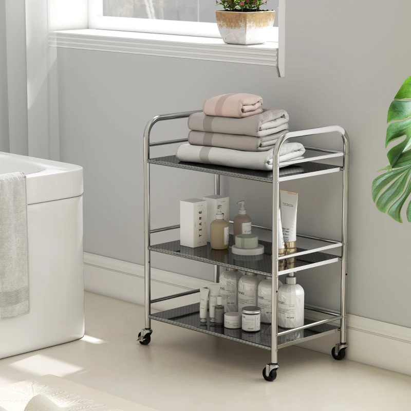 HOMCOM Carrinho Auxiliar com Rodas de Aço Inoxidável de 3 Níveis com Prateleira Ajustável 2 Rodas com Travão 60x35x77 cm Prateado