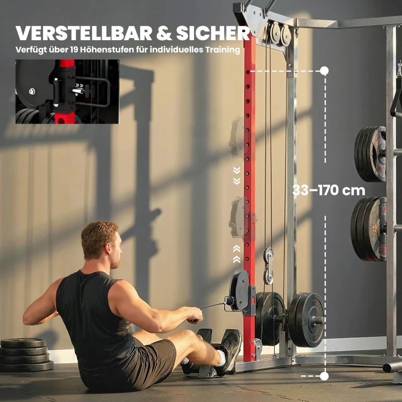 SPORTNOW Power Cage maszyna Smitha, Power Rack z regulowanym systemem wyciągów, wielofunkcyjny do 300 kg