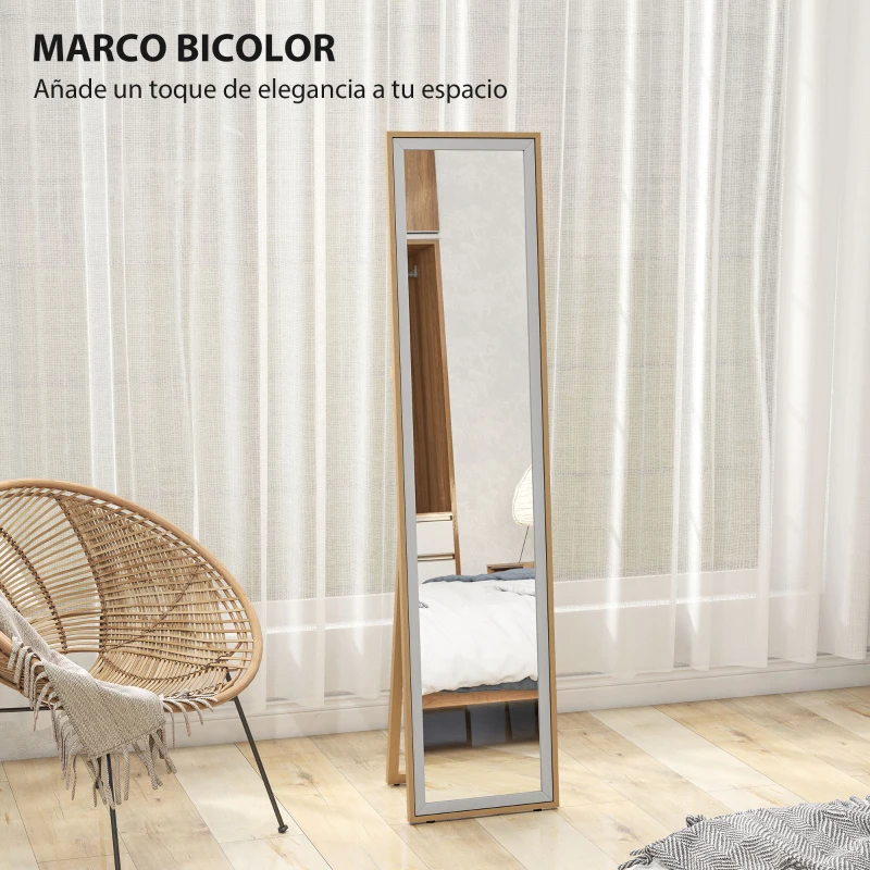 HOMCOM Espejo de Pie Cuerpo Entero con Marco de MDF Espejo de Pared Rectangular con 2 Formas de Uso 37x4x157 cm Plateado y Natural