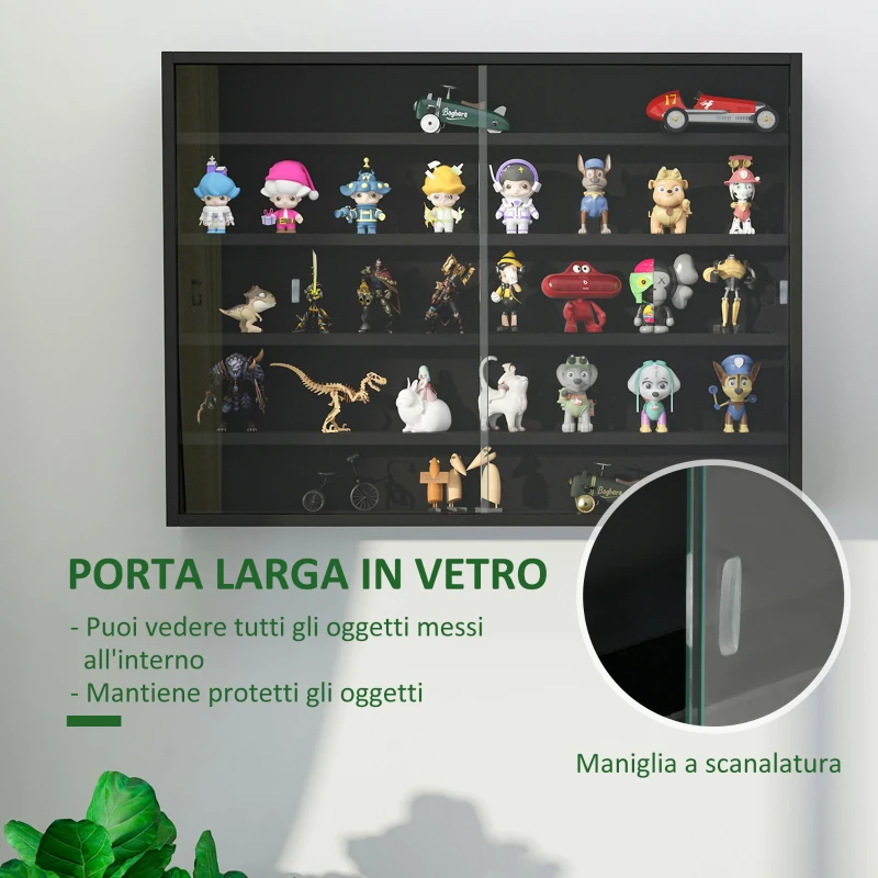 HOMCOM Vetrina per Collezione da Parete a 4 Ripiani Regolabili, in Vetro e Legno, 80x9.5x60 cm, Nero