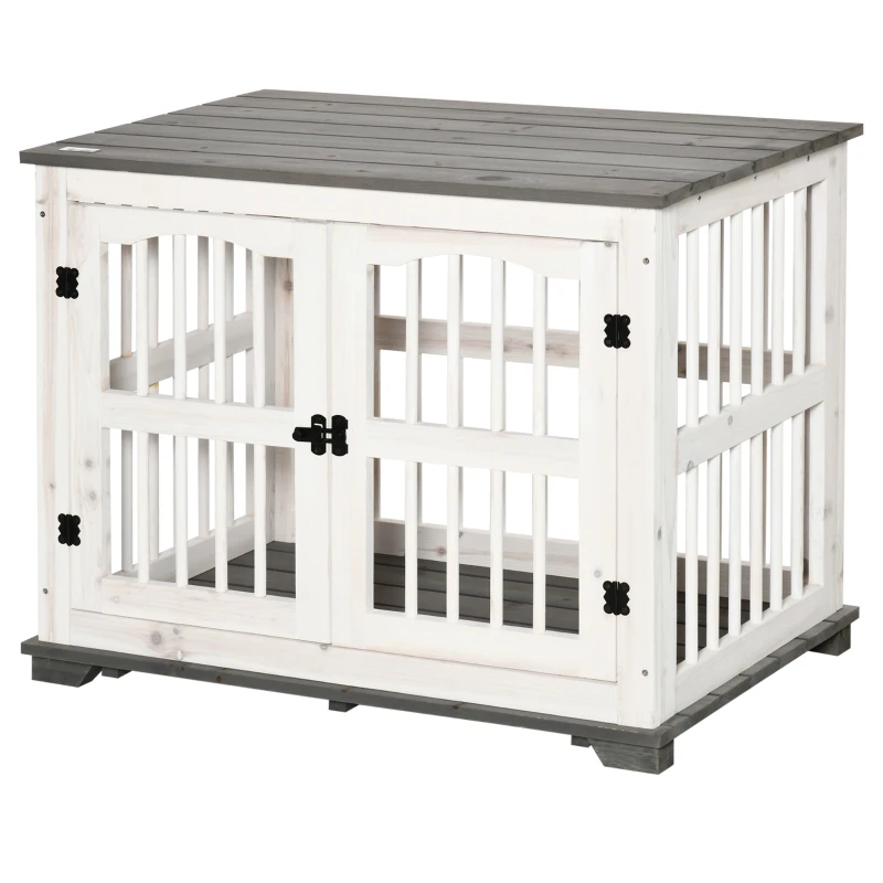 PawHut Wooden Dog Crate Furniture Pet Kennel Cage End Table for Small Medium Dogs, Indoor, White, 85.5 x 59.5 x 68 cm