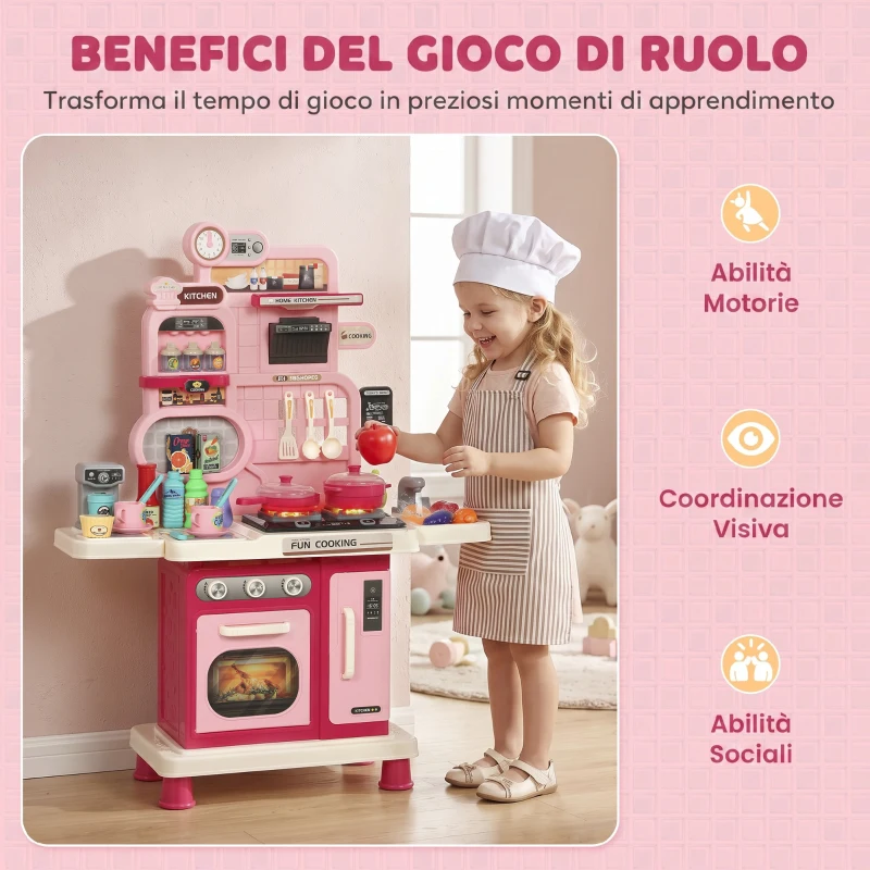 AIYAPLAY Cucina Giocattolo per Bambini con Luci, Suoni, Fornello, Lavello, Rubinetto, Cappa, Accessori, 3-6 Anni, Rosa