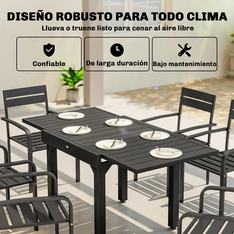 Outsunny Mesa de Comedor Exterior Extensible 80/160 cm para 4-6 Personas Mesa de Jardín Rectangular para Terraza Negro