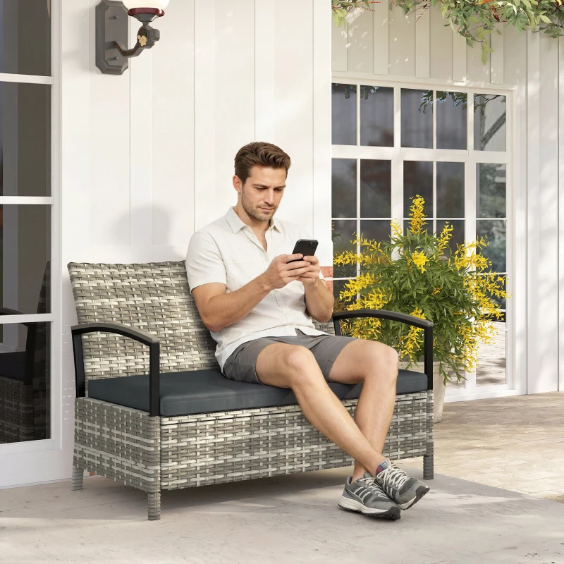 Outsunny 125L Garden Storage Bench, 2 Seater PE Rattan Outdoor Bench Storage Box with Padded Cushion, Dark Grey