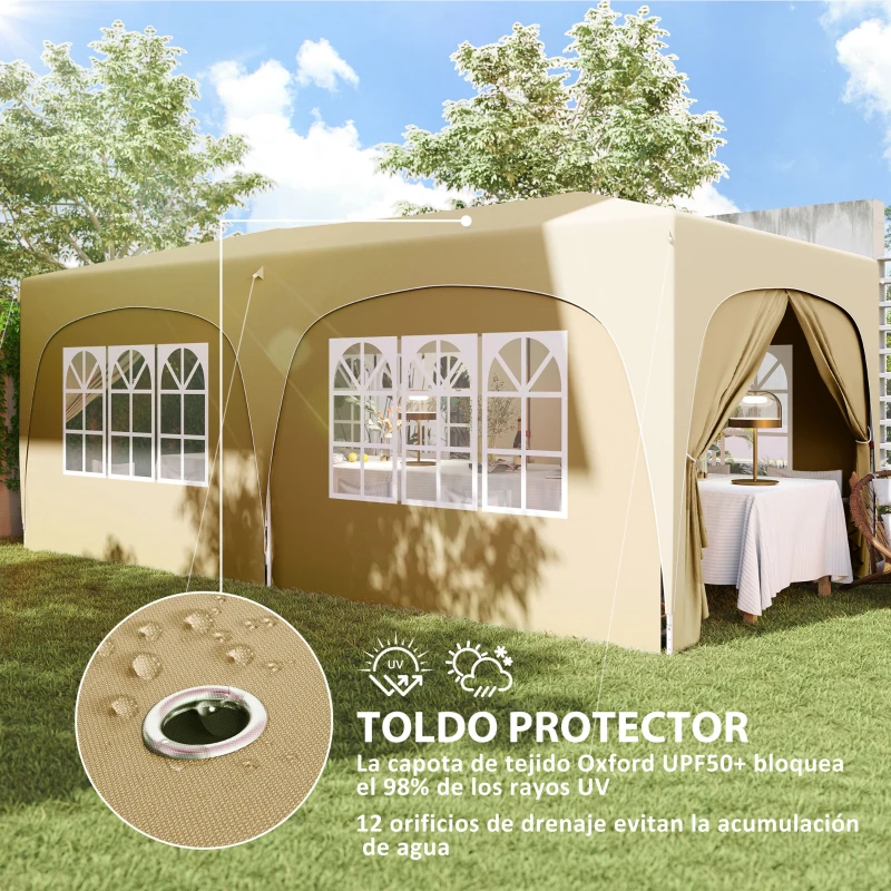 Outsunny Cenador Plegable 3x6 m Gazabo con Paneles Laterales UPF50+ Altura Ajustable Bolsa de Transporte Arena