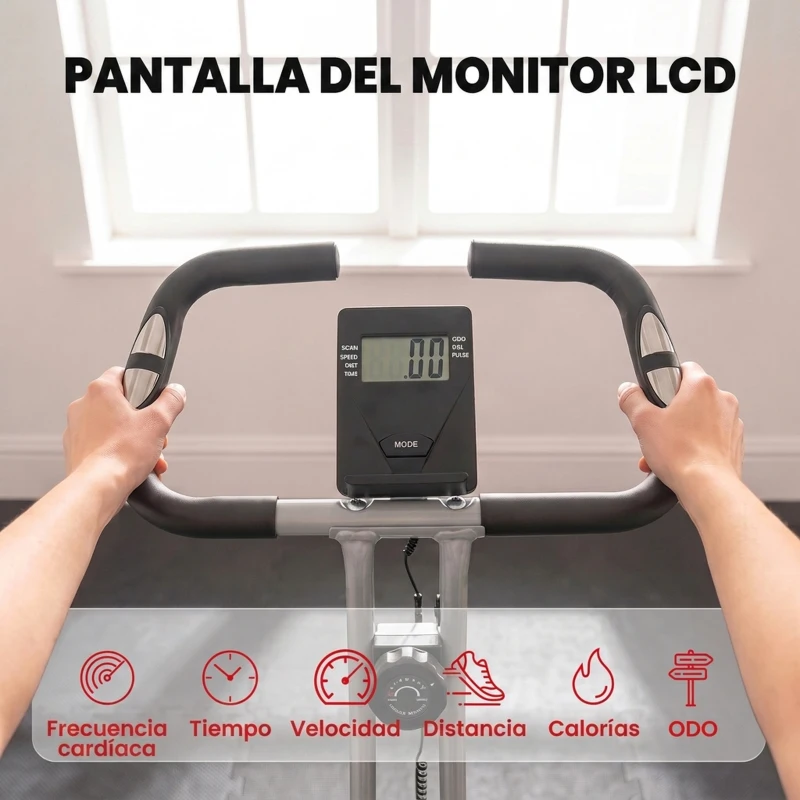 SPORTNOW Bicicleta Estática Plegable 8 Niveles Resistencia Magnética Monitor LCD Asiento Ajustable Sensor Ritmo Soporte Teléfono