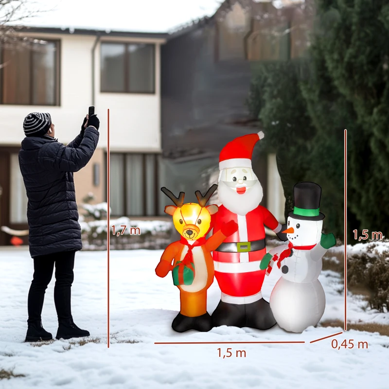 Outsunny Papá Noel Inflable 150 cm con Reno y Muñeco de Nieve Luces LED e Inflador Eléctrico para Exterior Jardín Césped