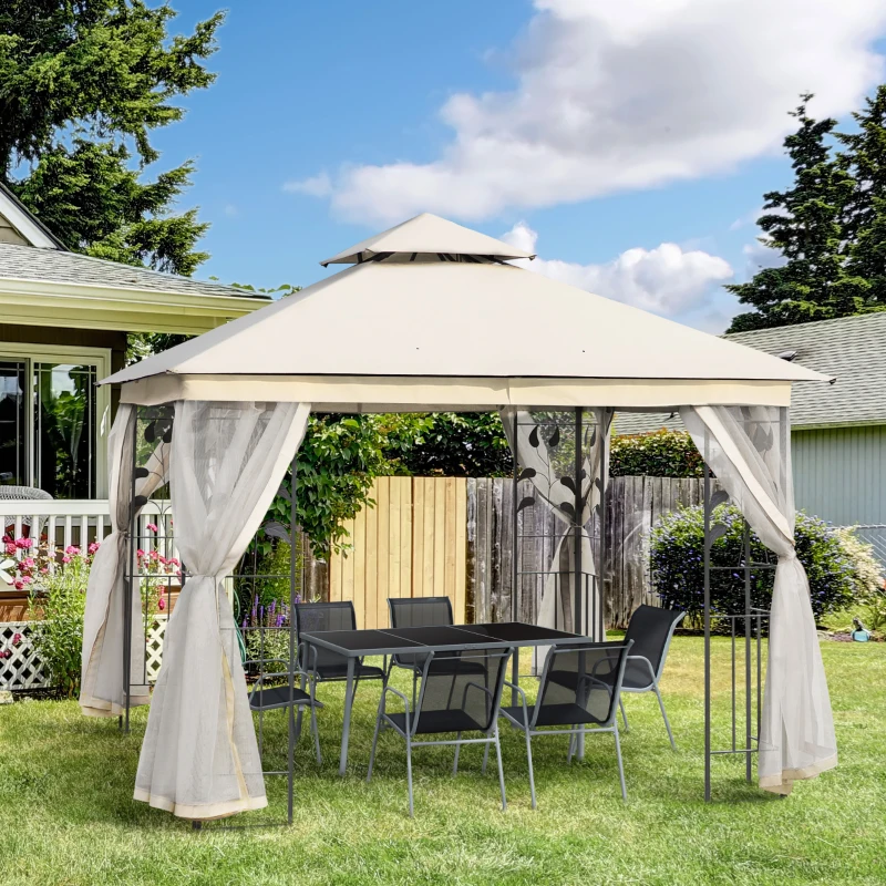 Outsunny Gazebo da Giardino 3x3m con Zanzariera, Telaio in Acciaio e Doppio Tettuccio, Bianco