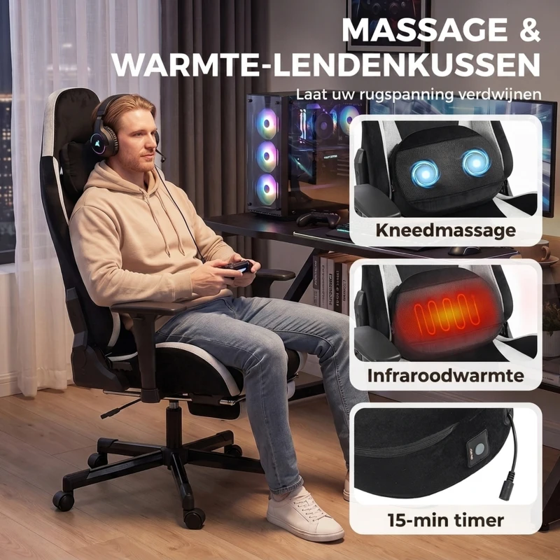 HOMCOM Gaming-stoel met massage- en verwarmd lendenkussen, ergonomisch, linnenlook, 4D-armleuningen, hoofdkussen, Zwart