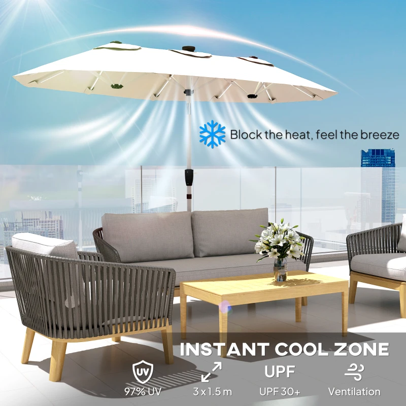Outsunny 3 m Double-Sided Garden Parasol with LED Solar Lights, Tilt, Outdoor Extra Large Sun Umbrella with Crank Handle, Cream