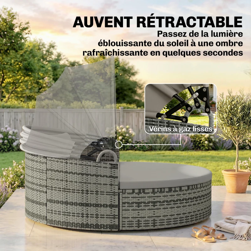 Outsunny Bain de soleil rond, lit de jardin extérieur modulable 3 PSC en résine tressée avec auvent rétractable, gris clair