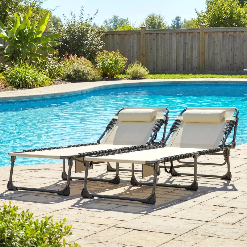 Outsunny Set de 2 Tumbonas Plegables con Reposacabezas Bolsillo Lateral y Respaldo Reclinable en 5 Posiciones Blanco Crema