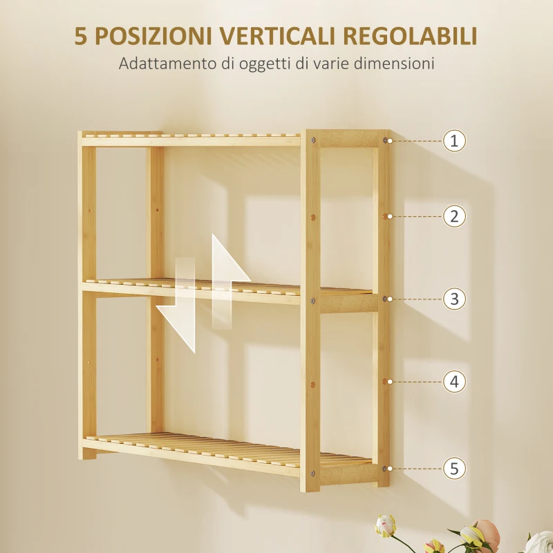 HOMCOM Scaffale per il Bagno a 3 Ripiani Regolabili in 5 Posizioni, in Bambù, 60x15x50 cm, color Legno