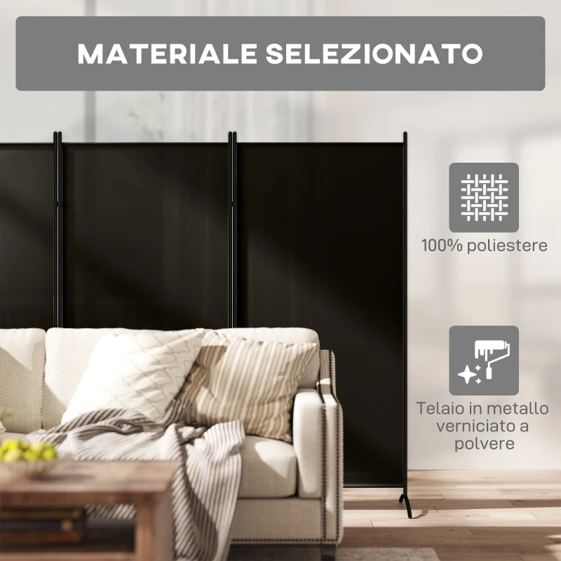 HOMCOM Paravento Separé da Interno a 3 Pannelli Pieghevole in Metallo e Poliestere, 253x50x182 cm, Nero