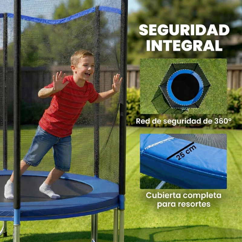 SPORTNOW Cama Elástica Exterior Ø244 cm Trampolín para Niños con Red de Seguridad Escalera y Acolchado de Muelles Azul