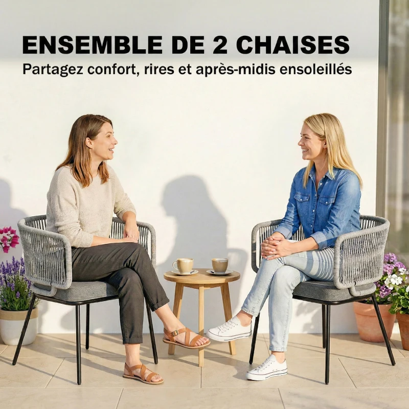 Outsunny Lot de 2 Fauteuils de Jardin, Dossier et Accoudoirs en Corde Résine Tressée, Coussins Amovibles, 46x58x72cm, Gris Clair