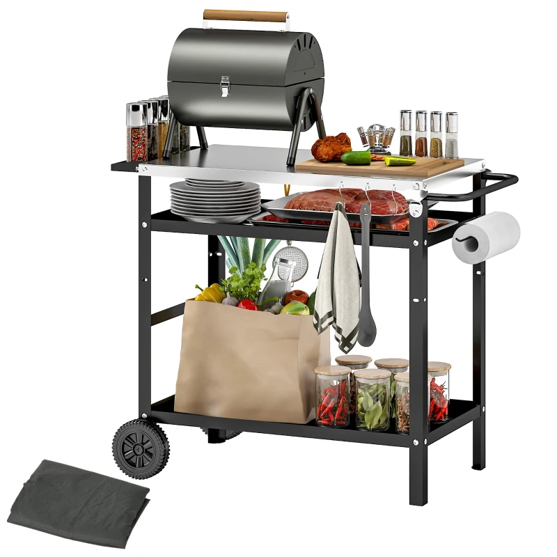 Outsunny Desserte plancha extérieure avec plan de travail, chariot de barbecue étagère réglable avec 6 crochets 100x52x80cm, noir