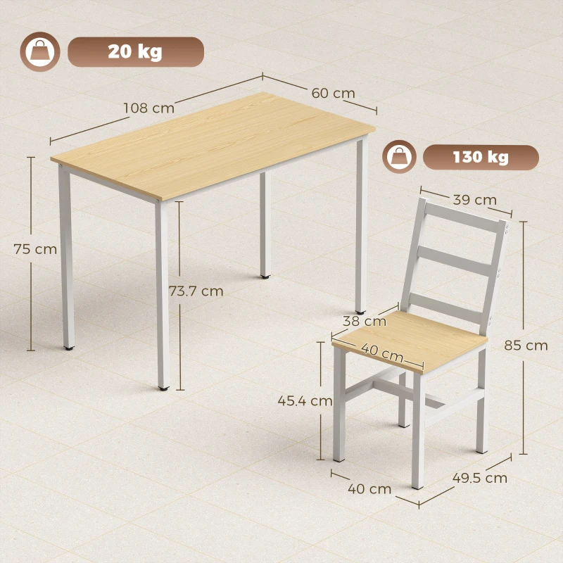 HOMCOM Set Masă pentru Sufragerie cu 4 Scaune, Masă Dreptunghiulară 108 cm, Scaune cu Spătar cu Șipci, Stejar și Alb