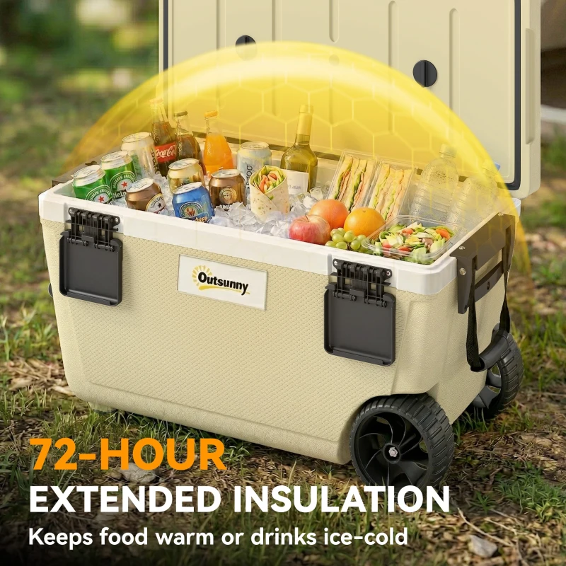 Outsunny 70L Insulated Cool Box with Wheels, Portable Ice Cooler with Handle, Lid and Drain Valve, Khaki