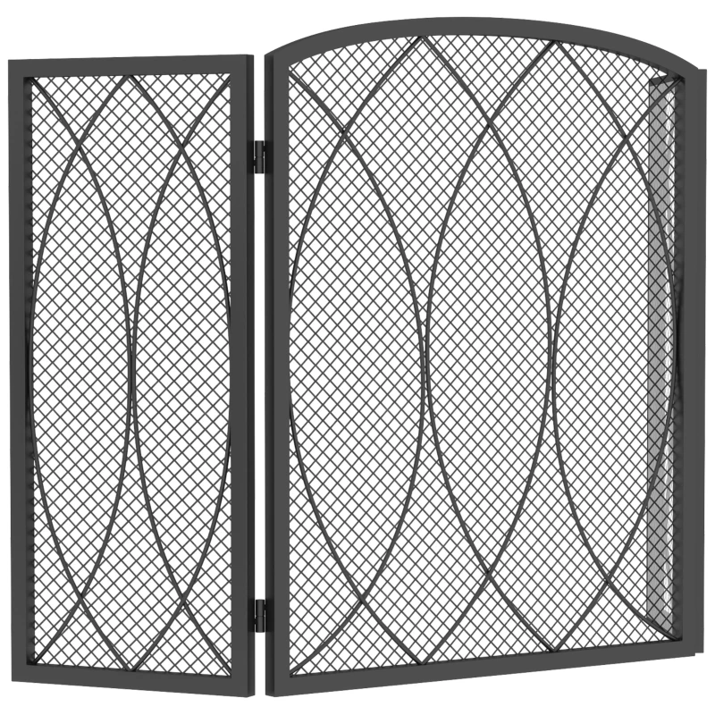 HOMCOM Protector contra chispas metálico plegable geométrico de 3 piezas, protección resistente al calor para chimenea, Negro
