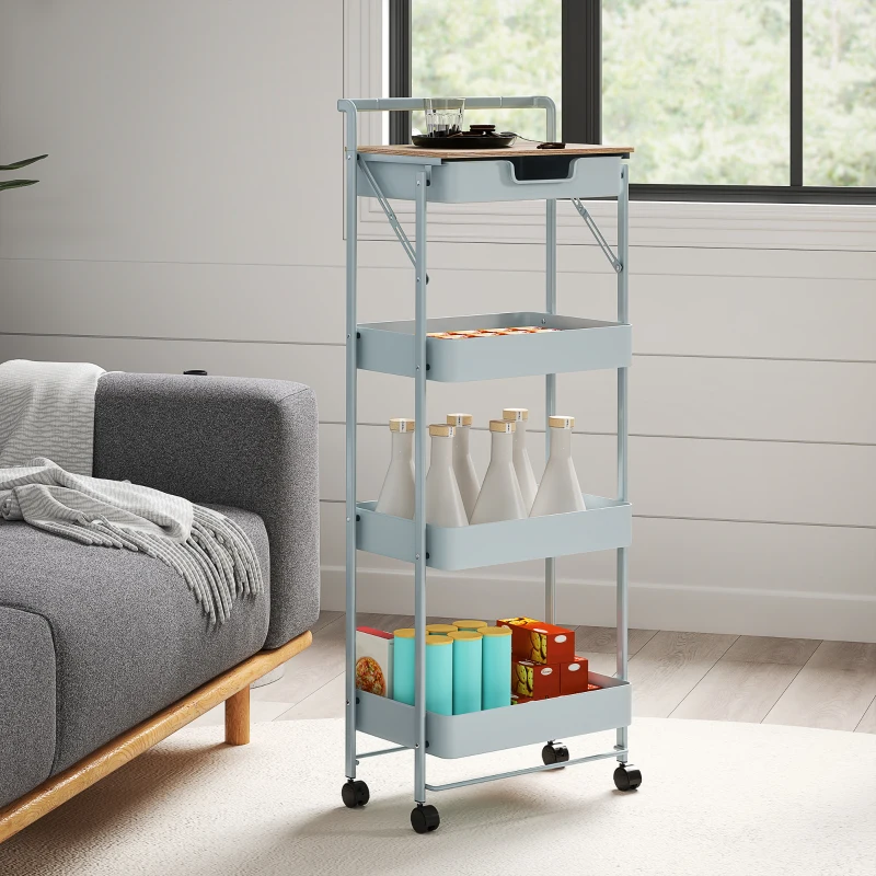 HOMCOM Carrito Auxiliar con Ruedas de 4 Niveles con Cajón Encimera y Cestas de Rejilla para Dormitorio Baño Cocina Verde Claro