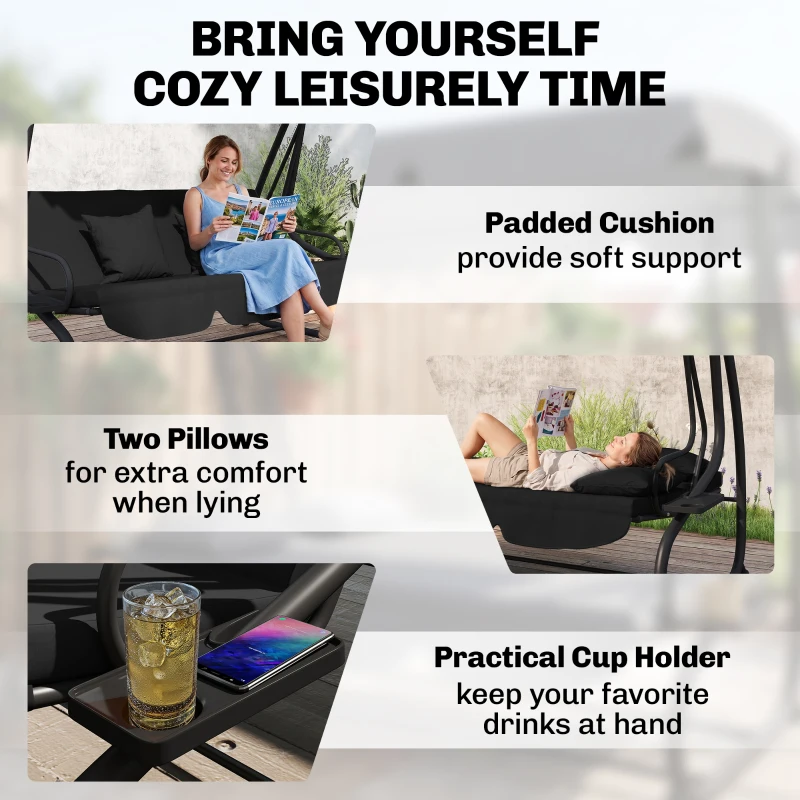 Outsunny Three-Person garden Swing Chair, with Adjustable Canopy - Black