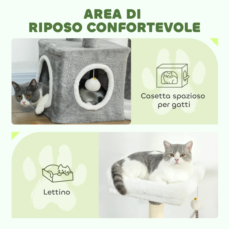PawHut Albero Tiragraffi per Gatti con Casetta, Lettino e 2 Palline, in Legno e Peluche, 55x40x107 cm, Grigio e Bianco