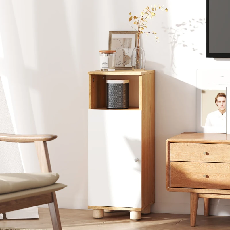 HOMCOM Mobiletto Bagno Salvaspazio con Armadietto a 2 Ripiani e Vano Aperto, 30x30x79.7 cm, Bianco e Legno