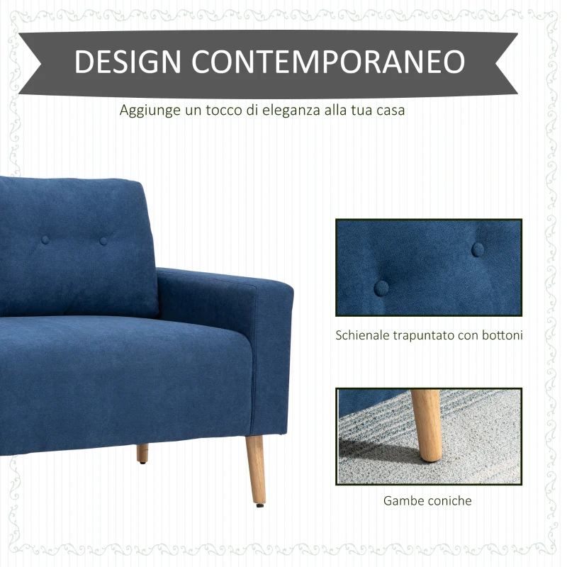 HOMCOM Divano 2 Posti Moderno e Trapuntato in Stile Nordico, in Poliestere e Legno, 145x76x88 cm, Blu
