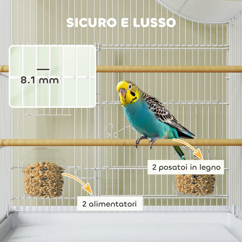 PawHut Gabbia per Uccelli a 4 Porte con 2 Ciotole, 2 Posatoi e Vassoio, in Metallo e Plastica, 47.5x36x54.5 cm, Bianco
